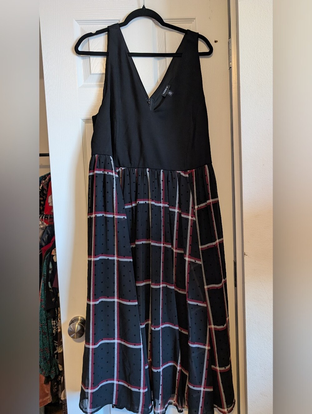 Torrid Size 24 Black Plaid Chiffon Flocked Polka Dot Midi Skater Dress